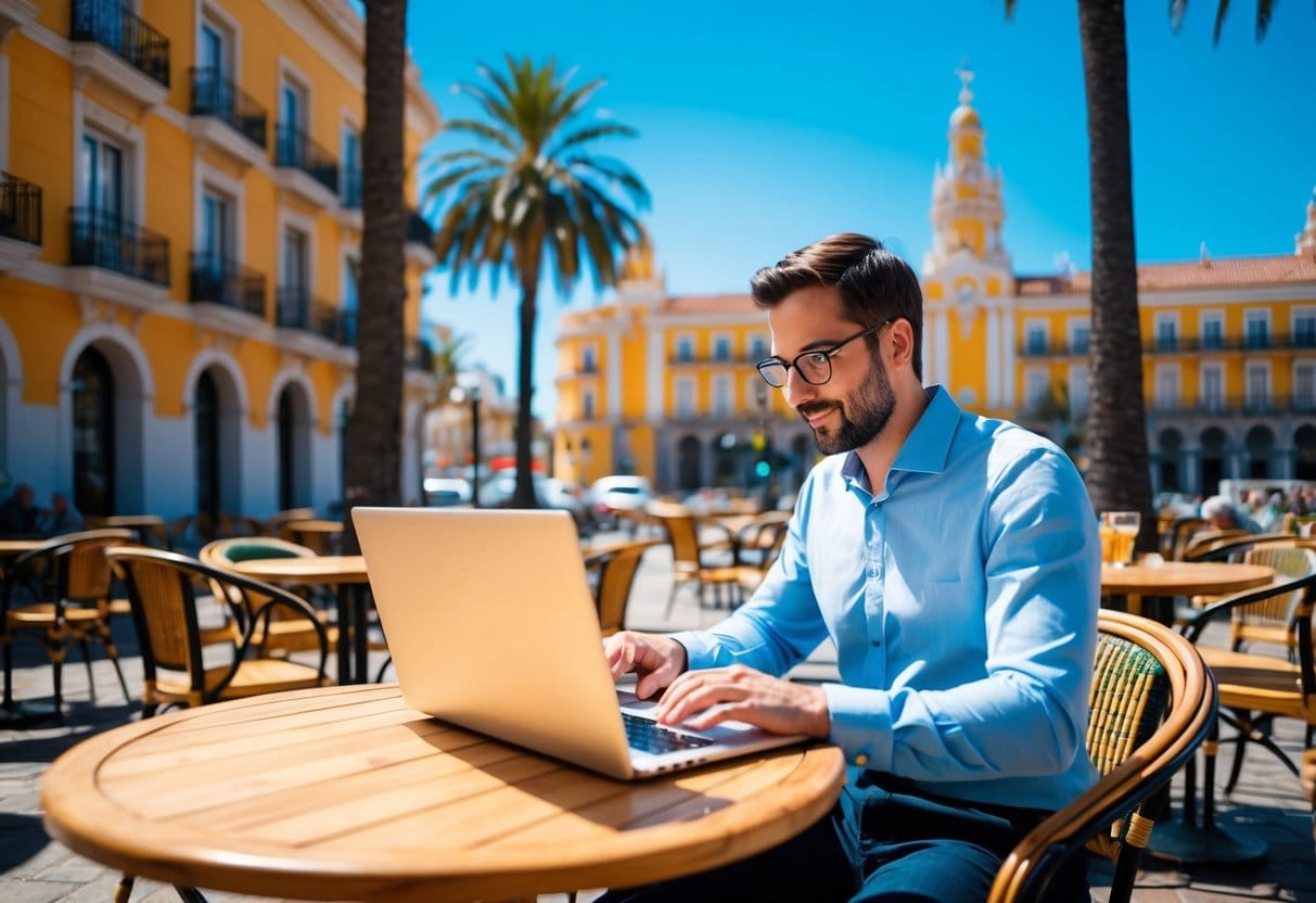 En iværksætter arbejder på en bærbar computer på en solrig udendørs cafe i Spanien omgivet af palmetræer og livlig arkitektur